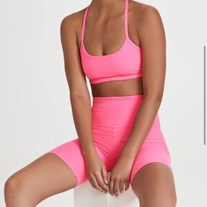 Beyond Yoga Two Piece Set Racerback Bra + High Waisted Biker Shorts - Pink